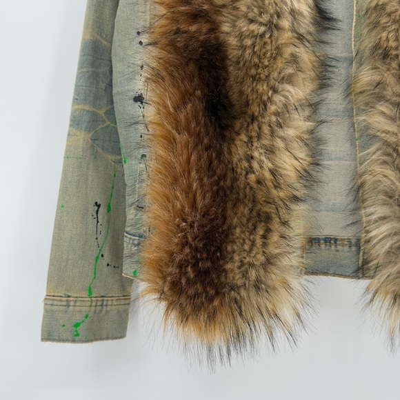 Rockstar Original Fur Trim Denim Paint Splatter Hooded Jean Jacket L - Picture 7 of 16